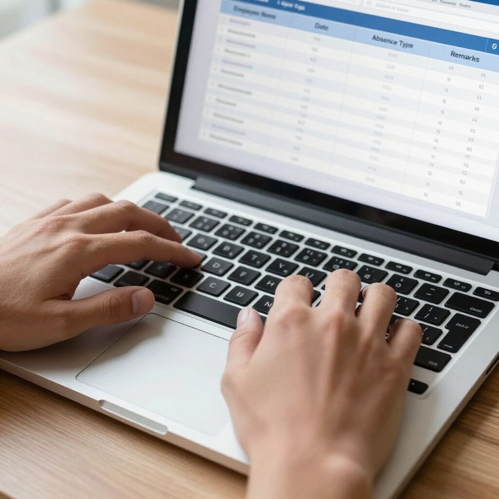 Handen typen op een laptop waarop een spreadsheet op een houten bureau wordt weergegeven.