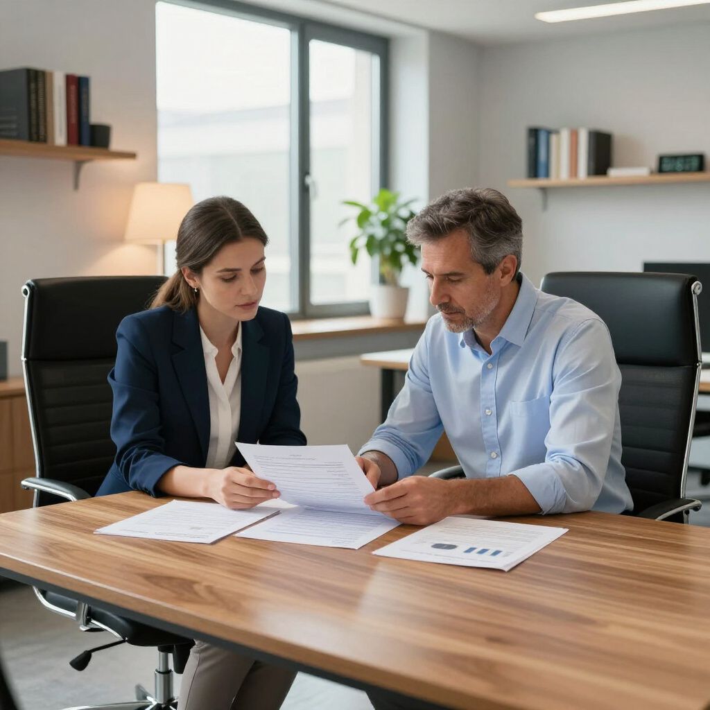Twee personen bekijken documenten aan een houten bureau in een modern kantoor.
