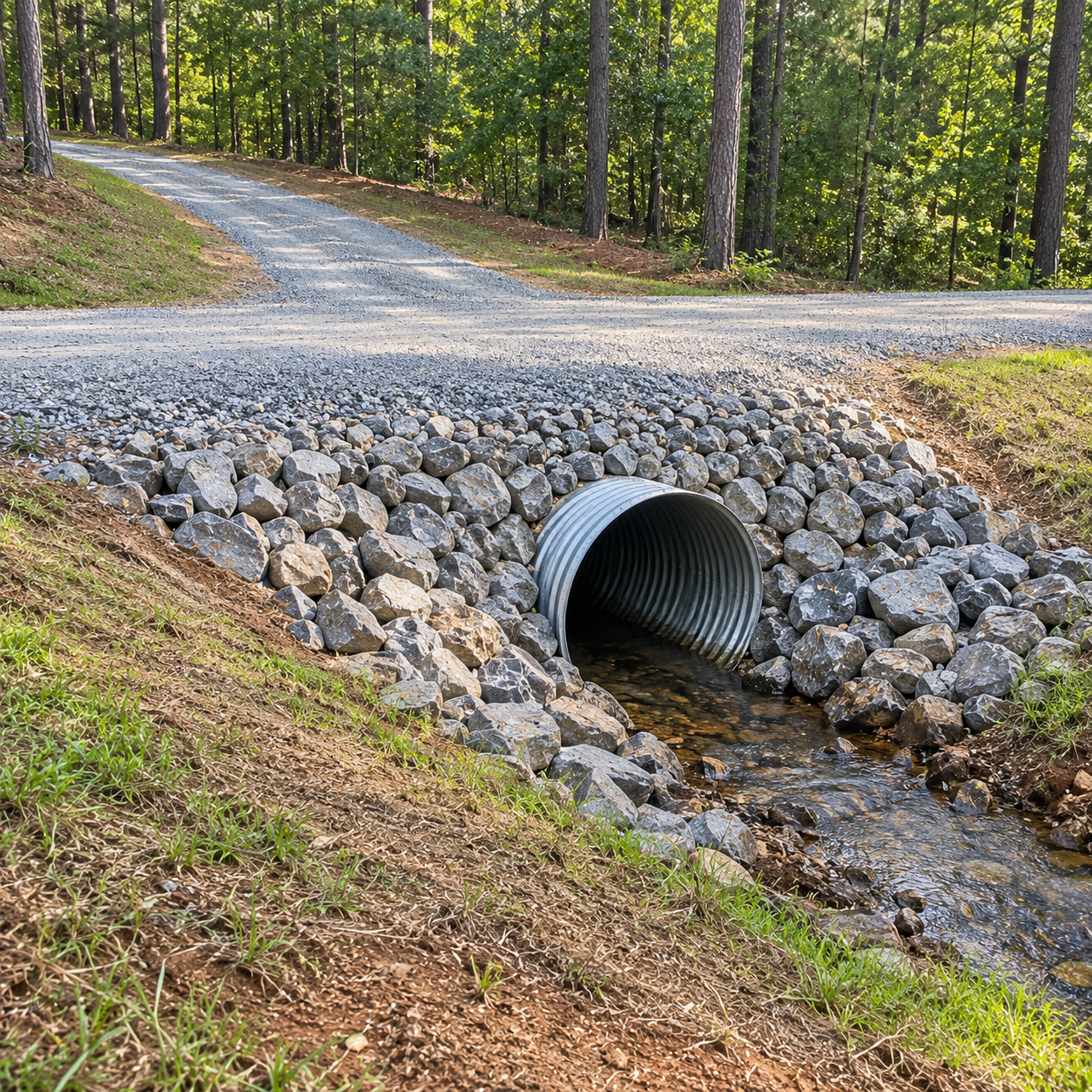 Gravel road crossing a wooded area, with a corrugated culvert draining water through a rocky ditch.