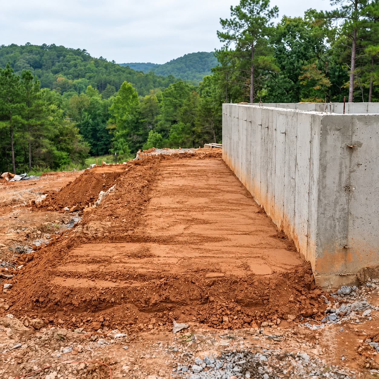 Graded dirt path beside a concrete retaining wall in a wooded hillside construction site