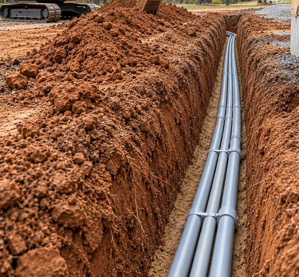 Gray utility pipes laid in a muddy trench beside a construction site