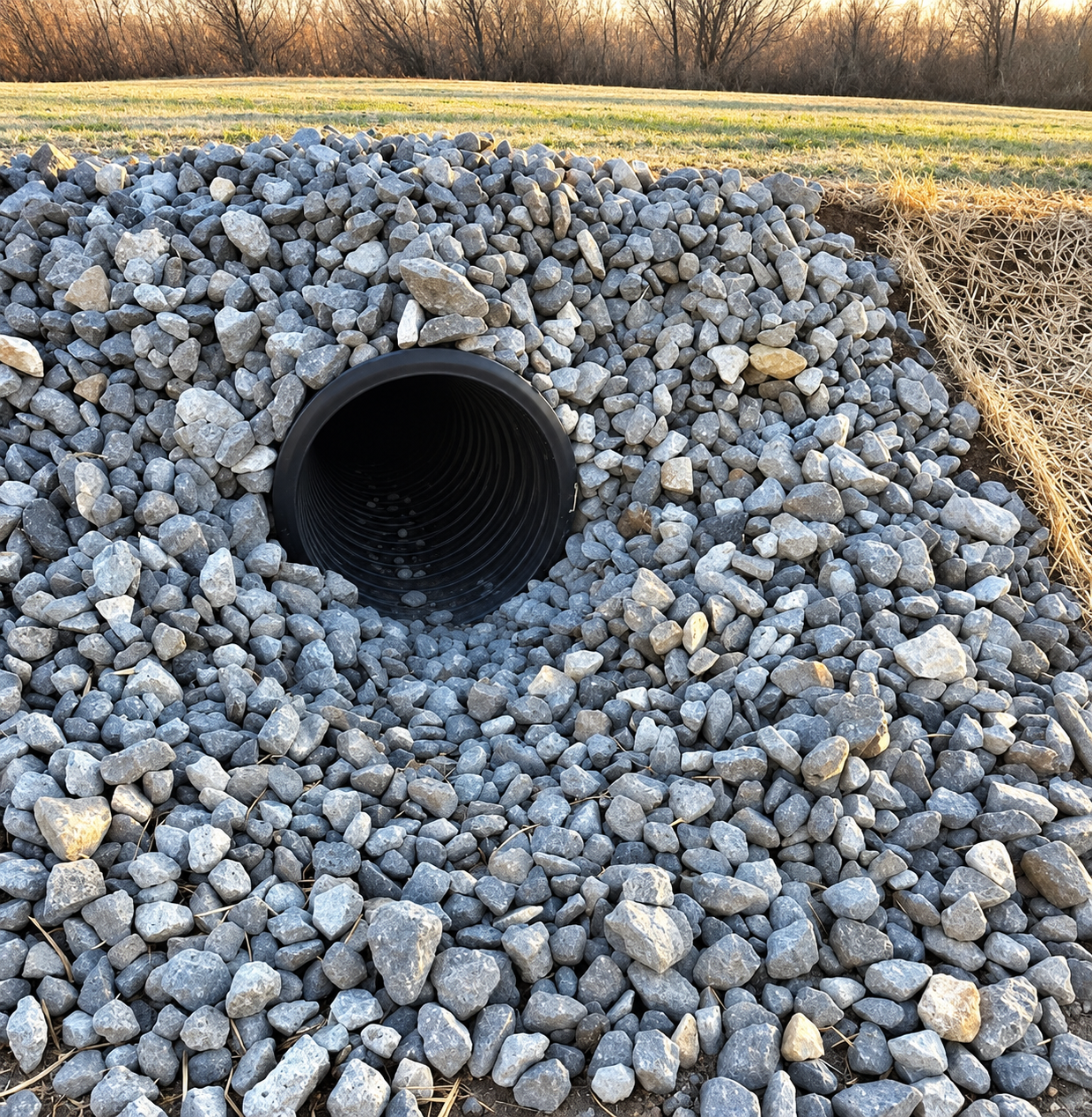 Rock-lined drainage culvert opening in a grassy field