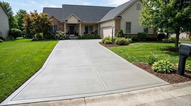 Concrete driveway leading to a beige suburban house with a green lawn and mailbox