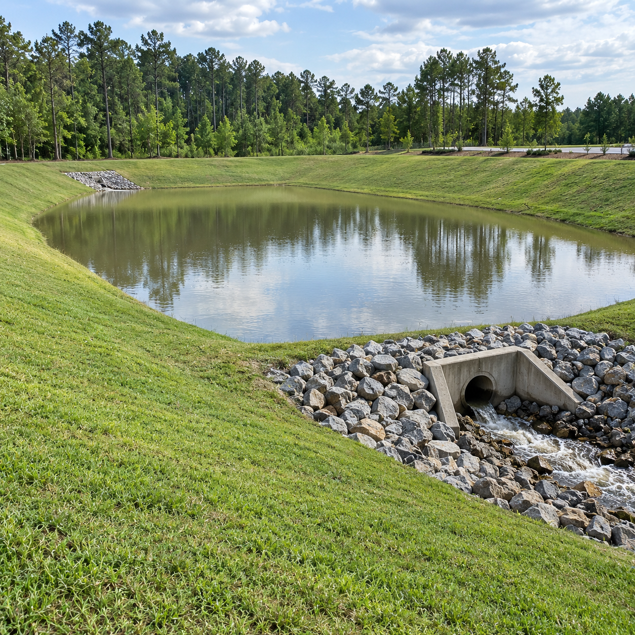 Grassy retention pond with still water, rock-lined spillway, and trees under a partly cloudy sky