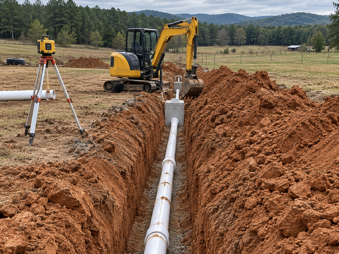 Yellow excavator trenching beside a white pipeline in a dirt field, with a survey tripod nearby.