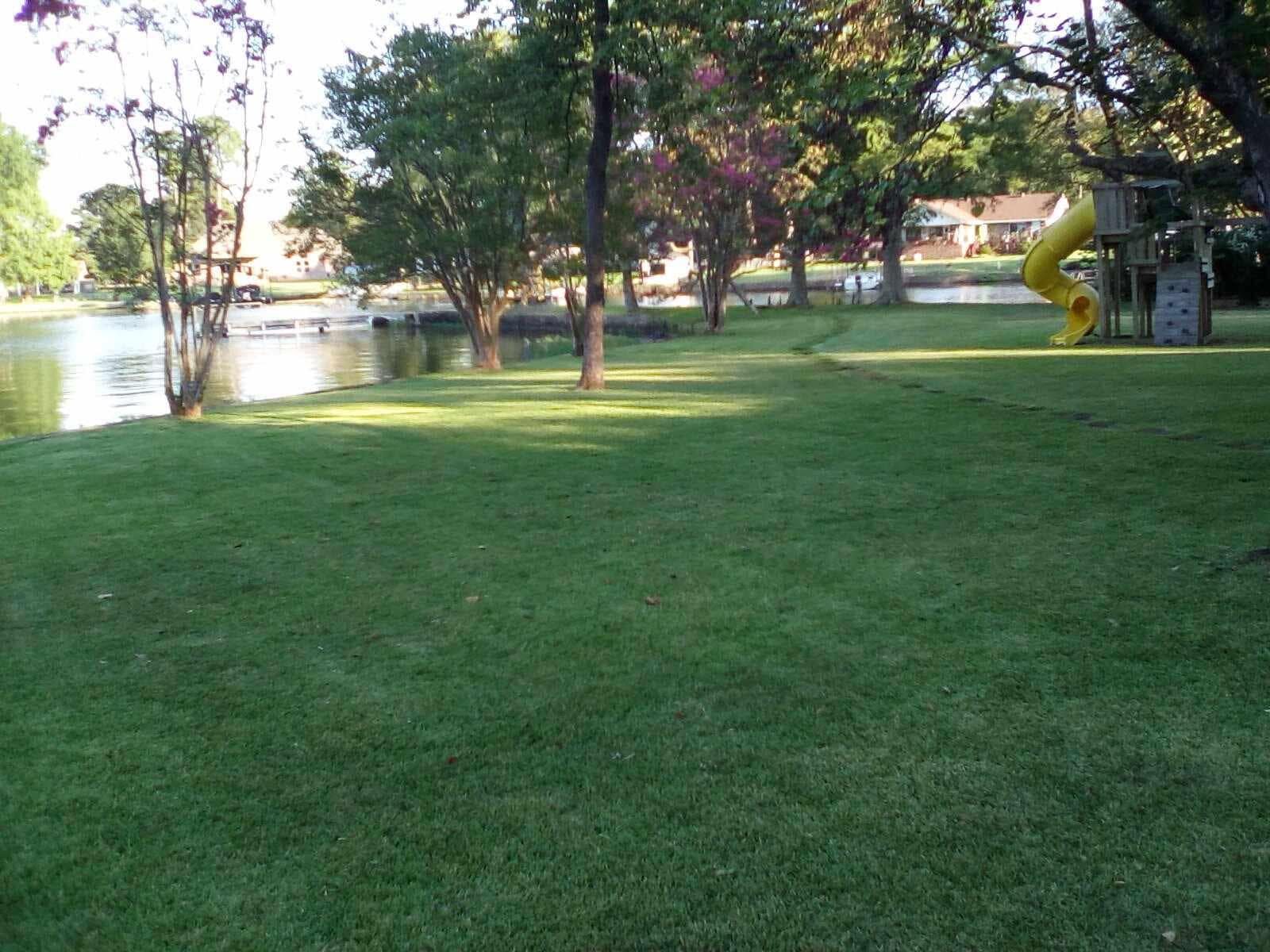 Grassy park by a pond with trees and a yellow slide in the background