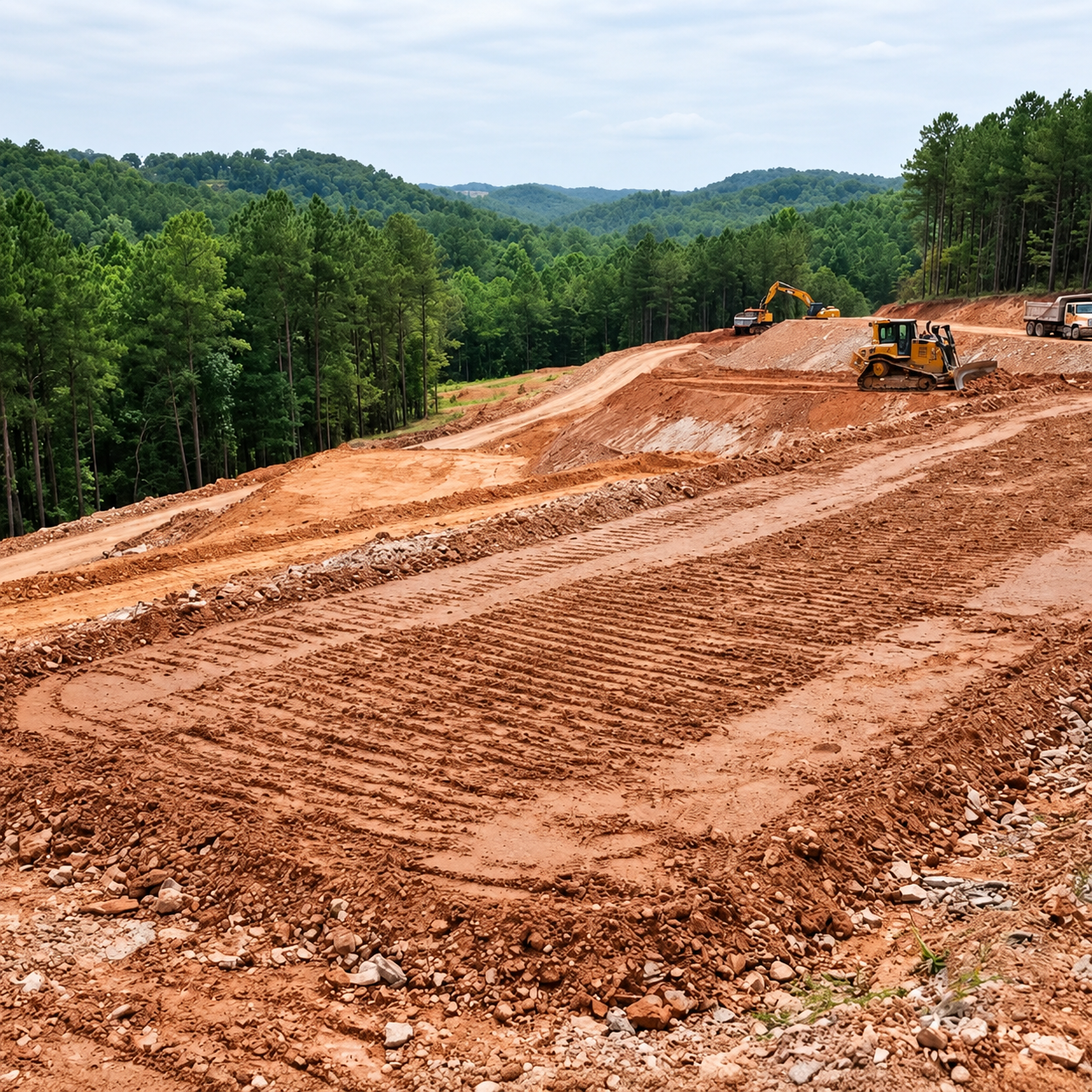 Construction equipment grading a muddy dirt road on a forested hillside