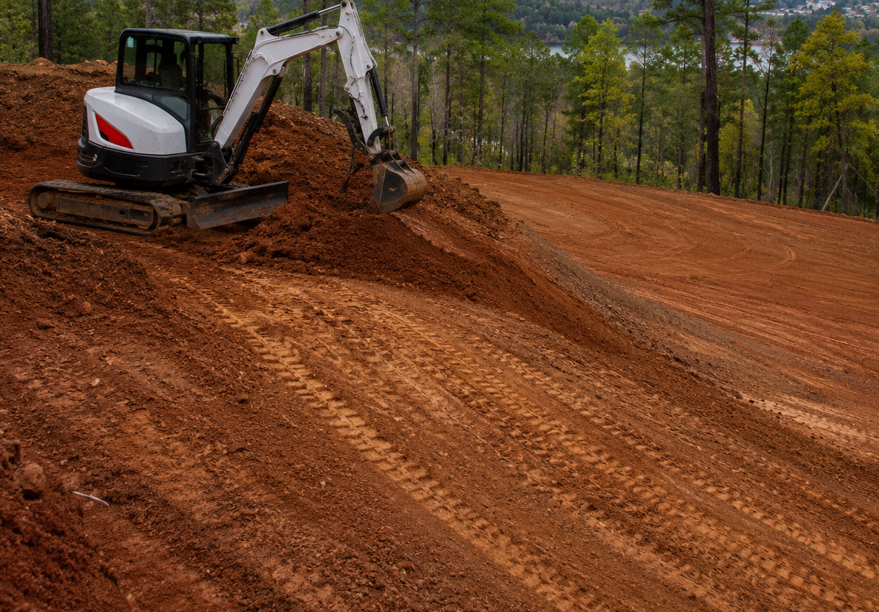 Small excavator grading a red dirt slope beside a wooded area