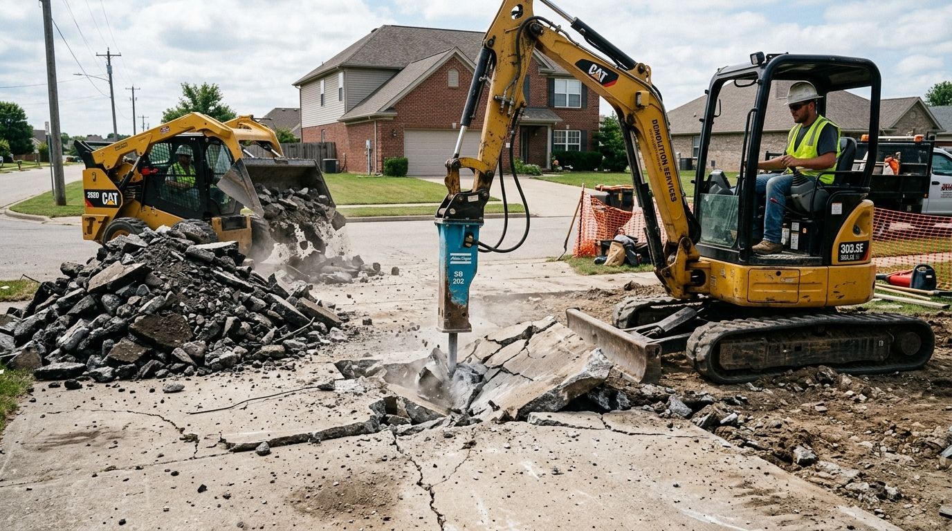 Excavators break up a concrete street, with piles of rubble and a work truck in a suburban neighborhood.