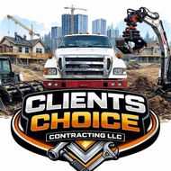 Clients Choice Contracting LLC logo with a truck, excavator, and house construction scene