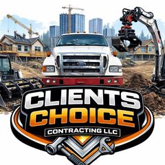 Clients Choice Contracting LLC logo with white truck, excavators, and construction site background