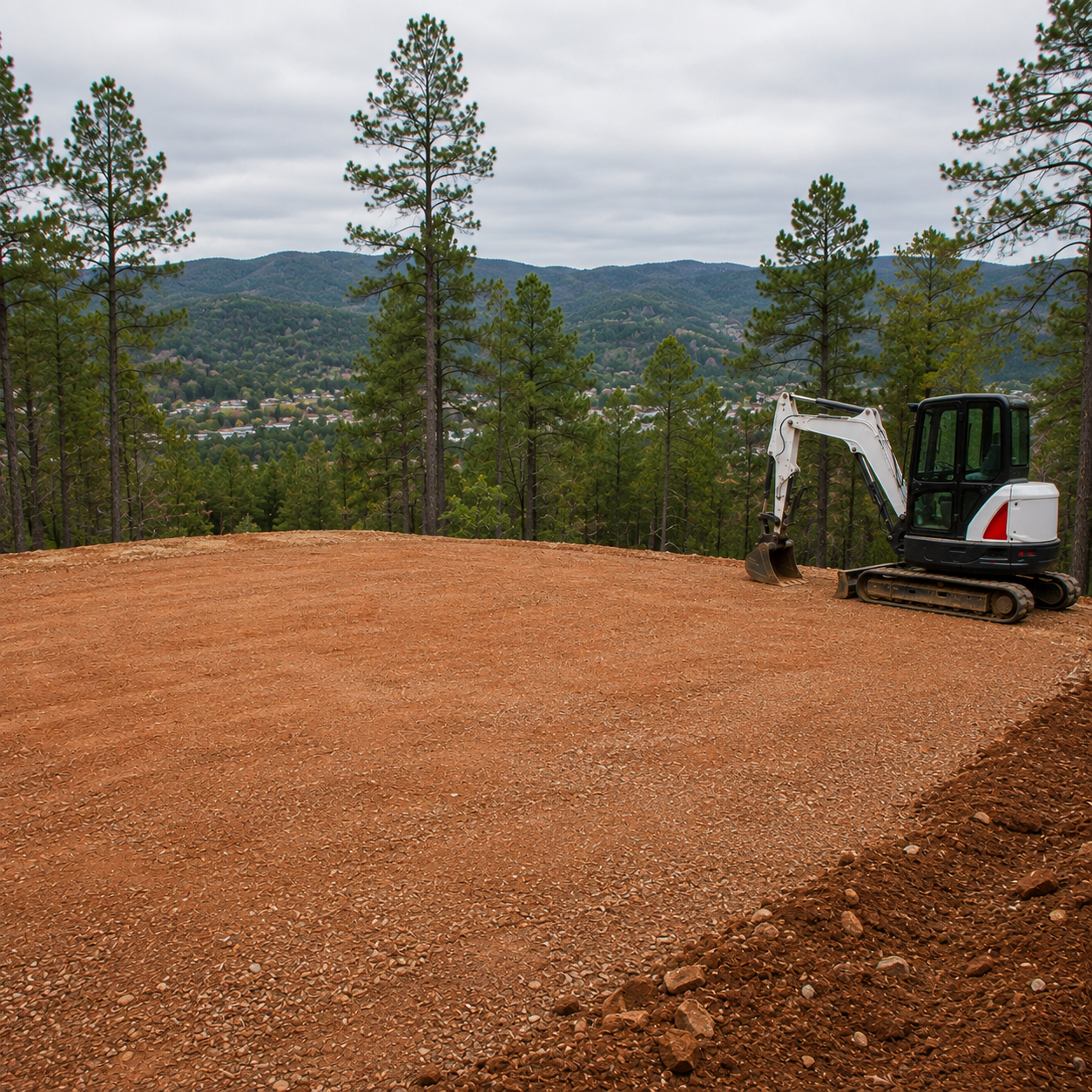 Excavator leveling a red dirt lot with pine trees and mountains in the background
