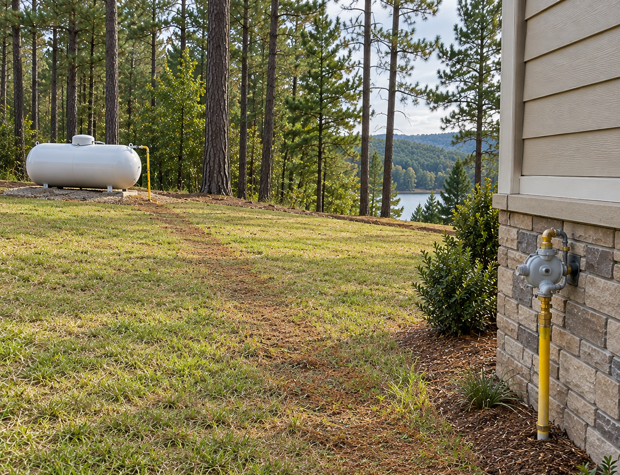 Backyard with propane tank, pine trees, grassy slope, and distant lake beside a house