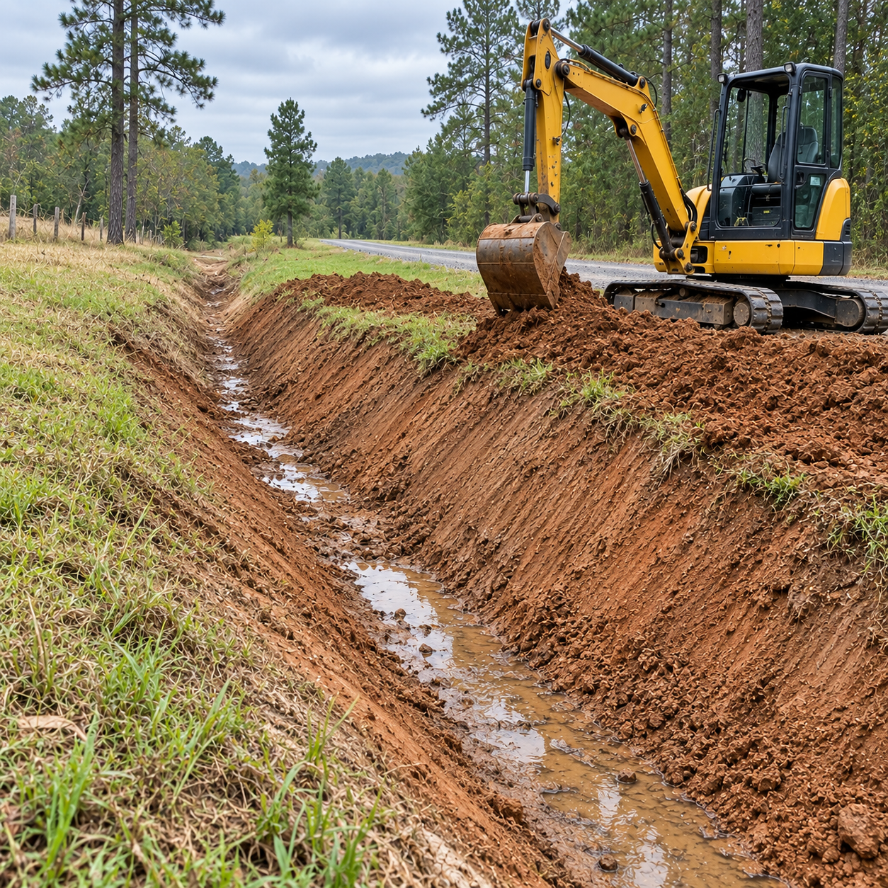 Excavator digging a muddy drainage trench beside a grassy field in a wooded area