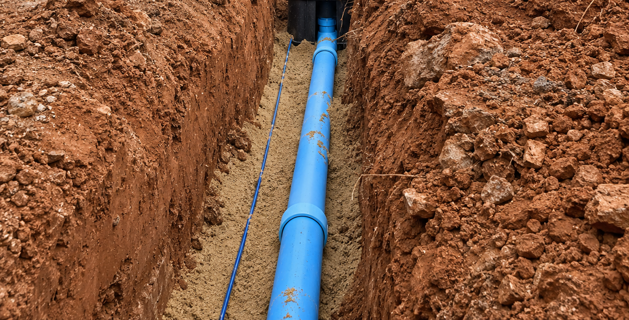 Blue pipe laid in a narrow dirt trench during underground utility work