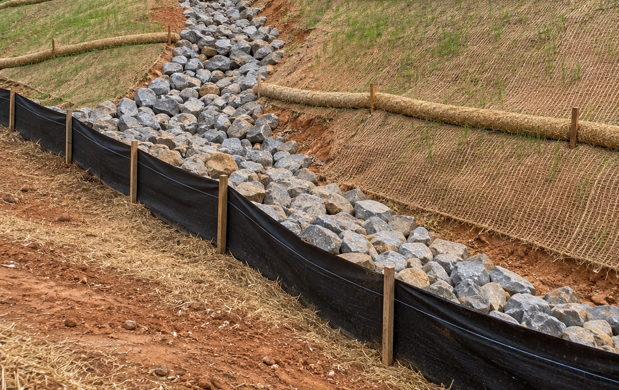 Erosion control ditch lined with black fabric and wooden stakes, filled with gray rocks on a dirt slope