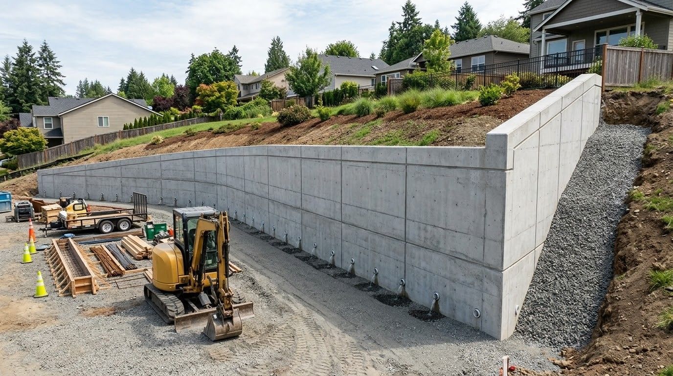 Landscaped stone retaining wall beside a curved driveway, with shrubs and tall pine trees overlooking a scenic view