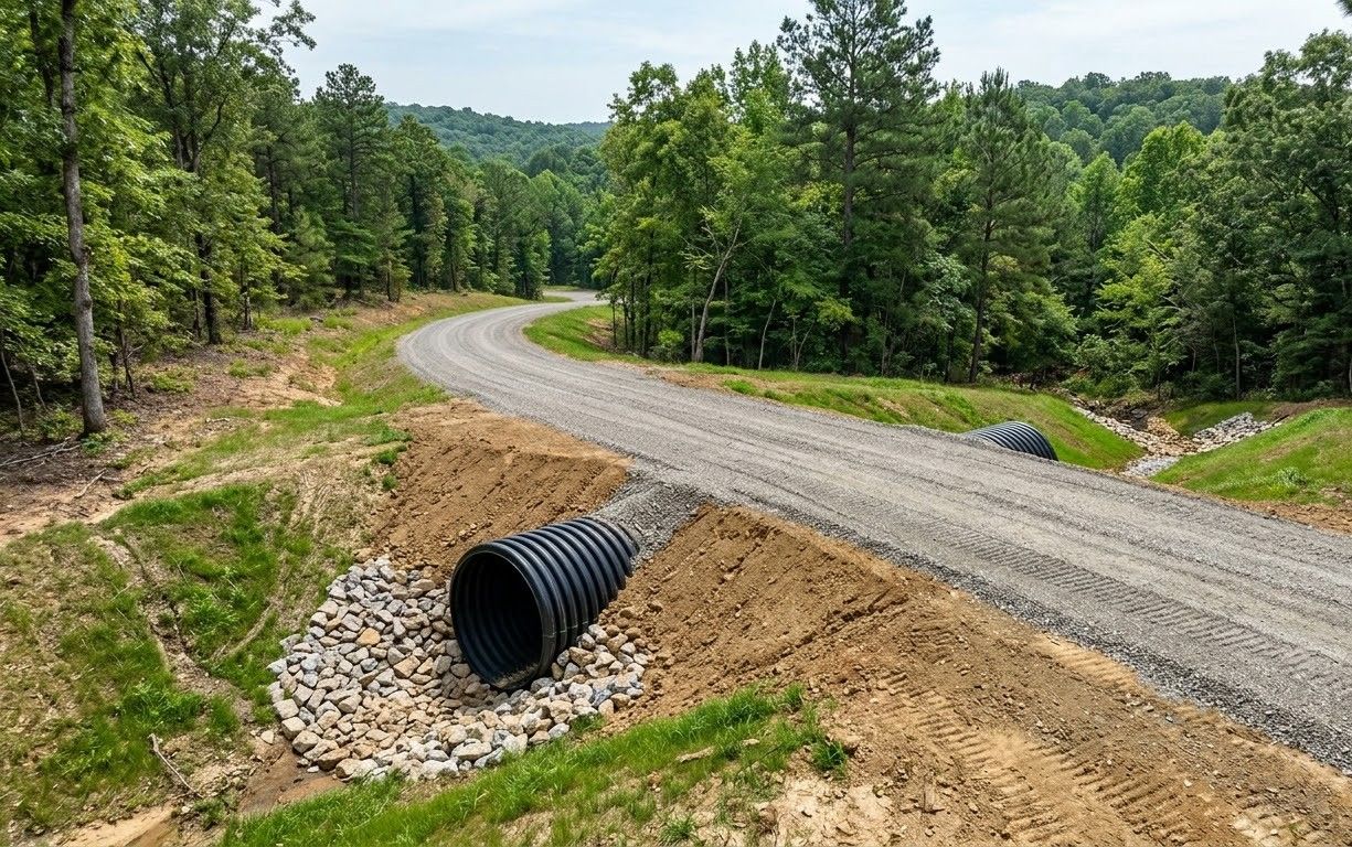 Black drainage pipes under a gravel mound at a dirt construction site