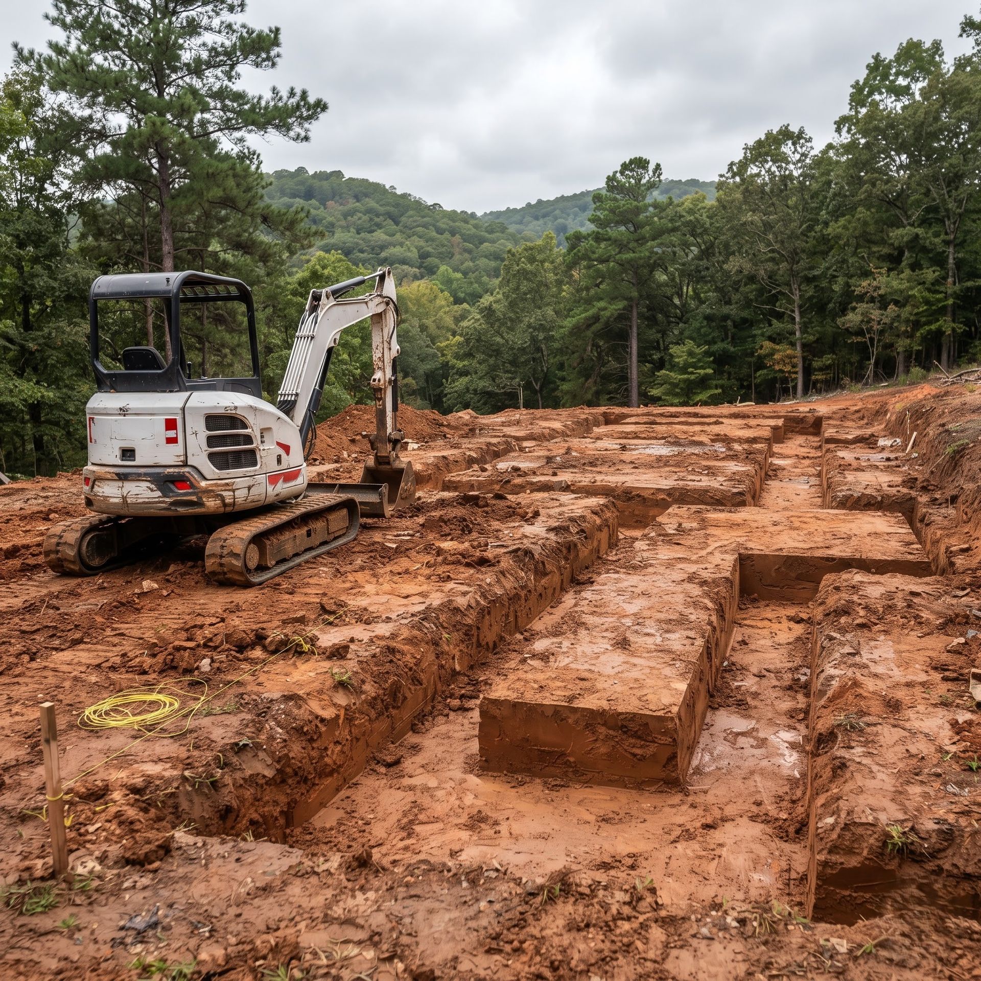 Small excavator on a muddy construction site with dug trenches and forested hills in the background