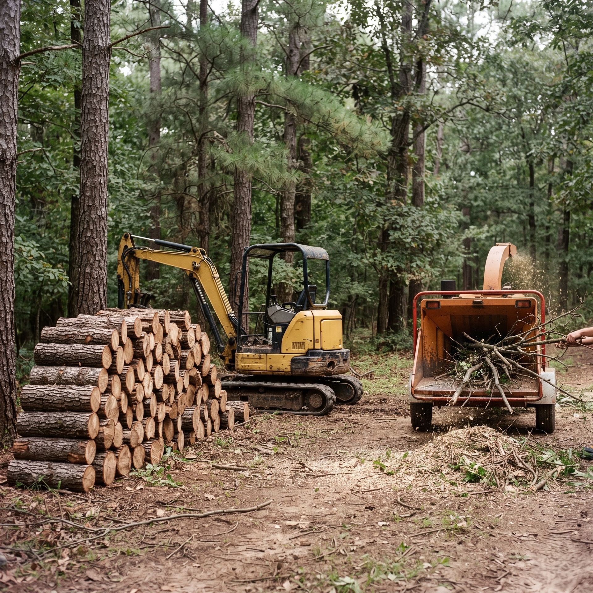 Yellow excavator and wood chipper beside stacked logs in a forest clearing