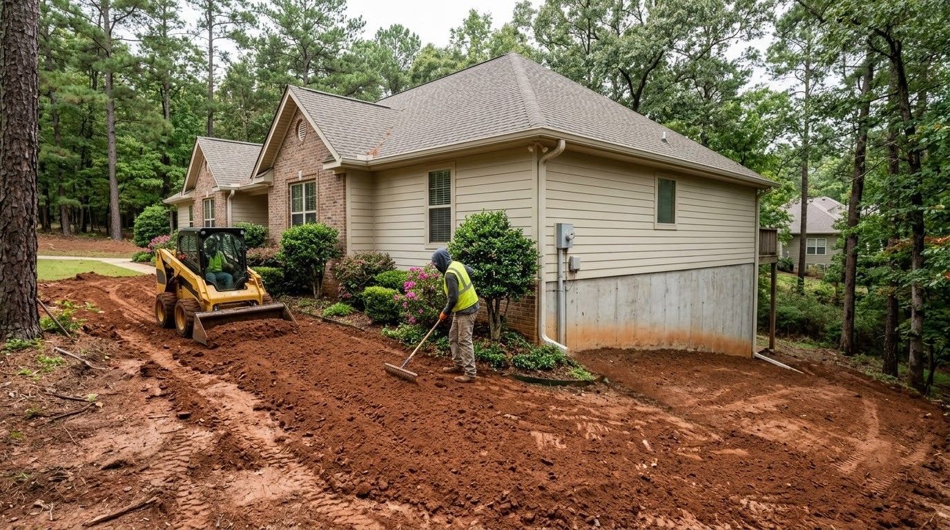 White excavator beside a brick house, moving red dirt in a yard with tall pine trees.