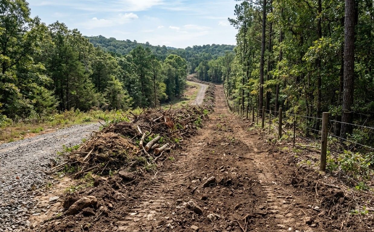 Dry dirt trail winding through a sunlit wooded area with fence posts along the path