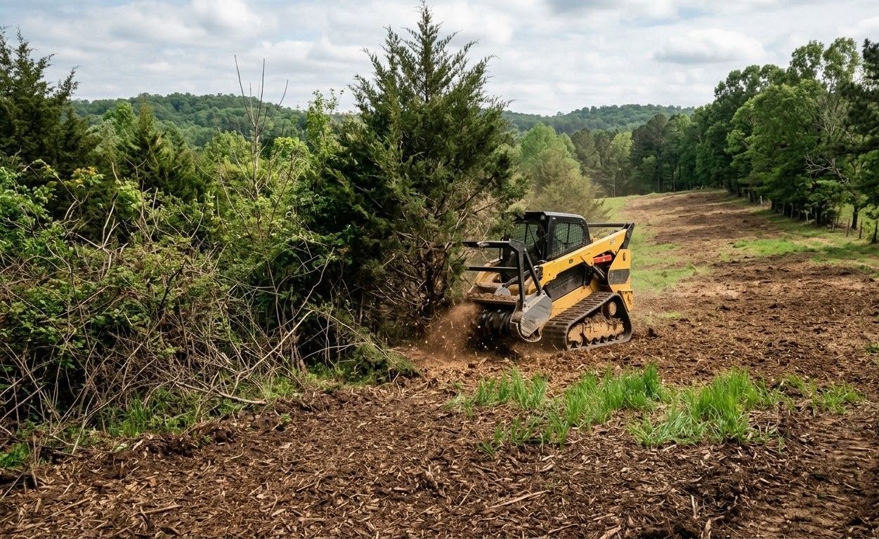Yellow skid-steer clearing brush on a muddy field beside dense green trees and hills