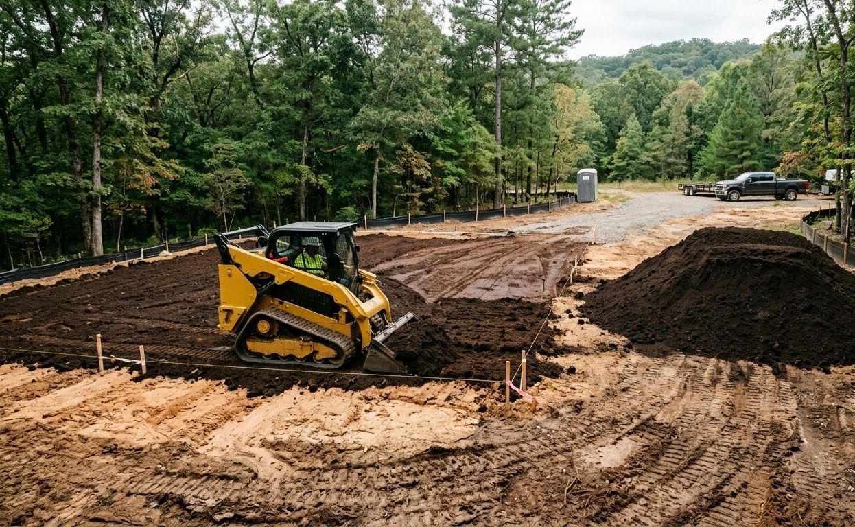 Excavator digging a large dirt mound beside a road in a wooded rural area