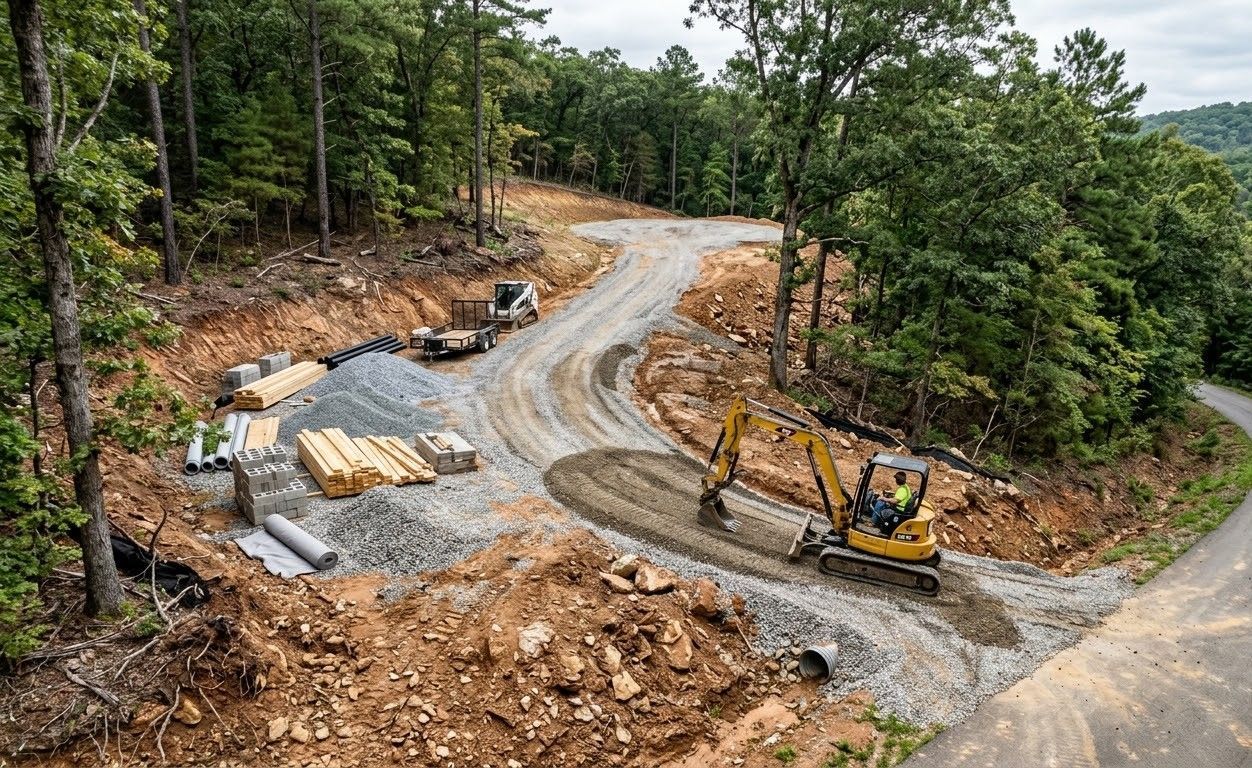 Excavator grading a muddy hillside lot beside a fence in a wooded area