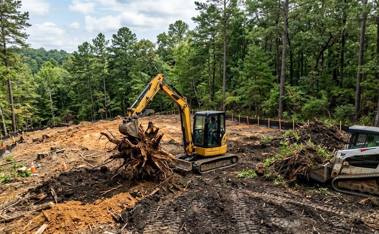 Excavator clearing a dirt path in a forested hillside with mountains in the background