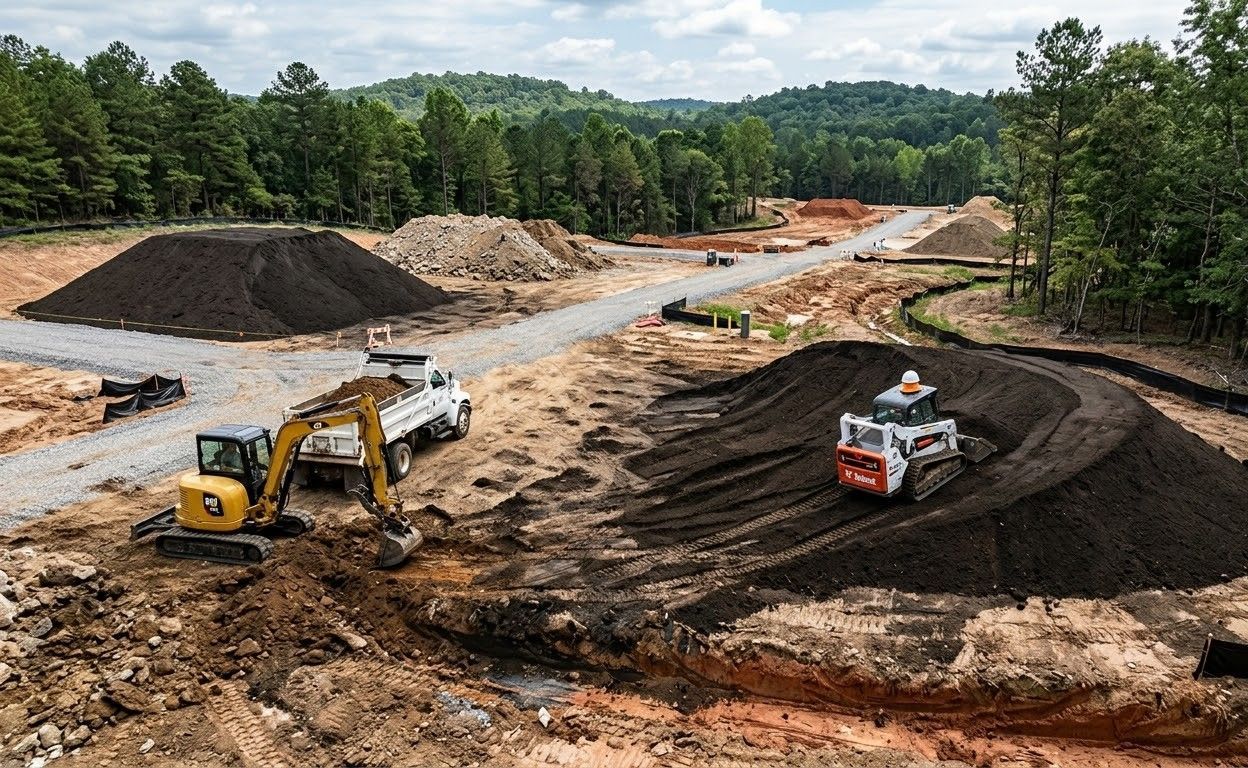 Excavator in a gravel yard with large piles of dirt, surrounded by trees and hills.