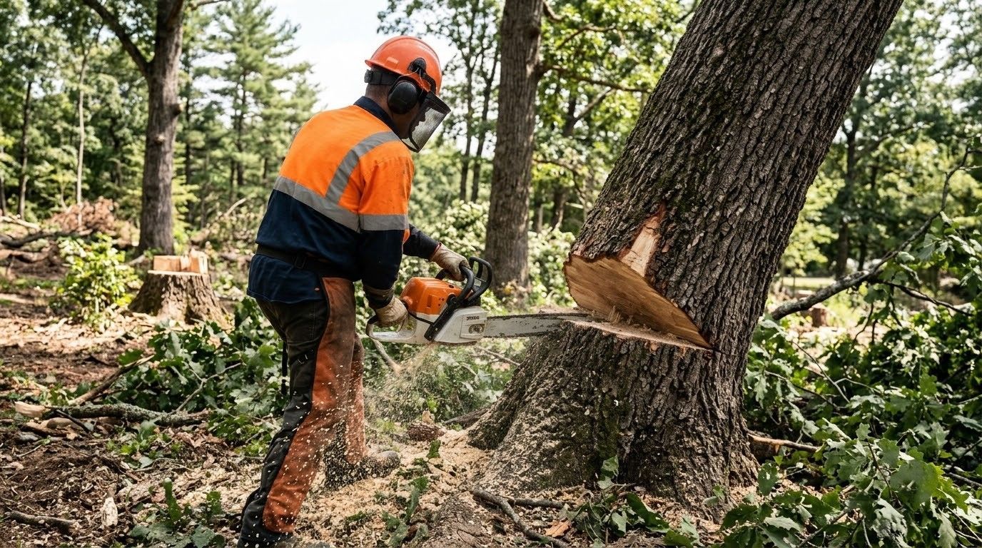 Excavator clearing a fallen tree in a pine forest, with cut logs scattered nearby.