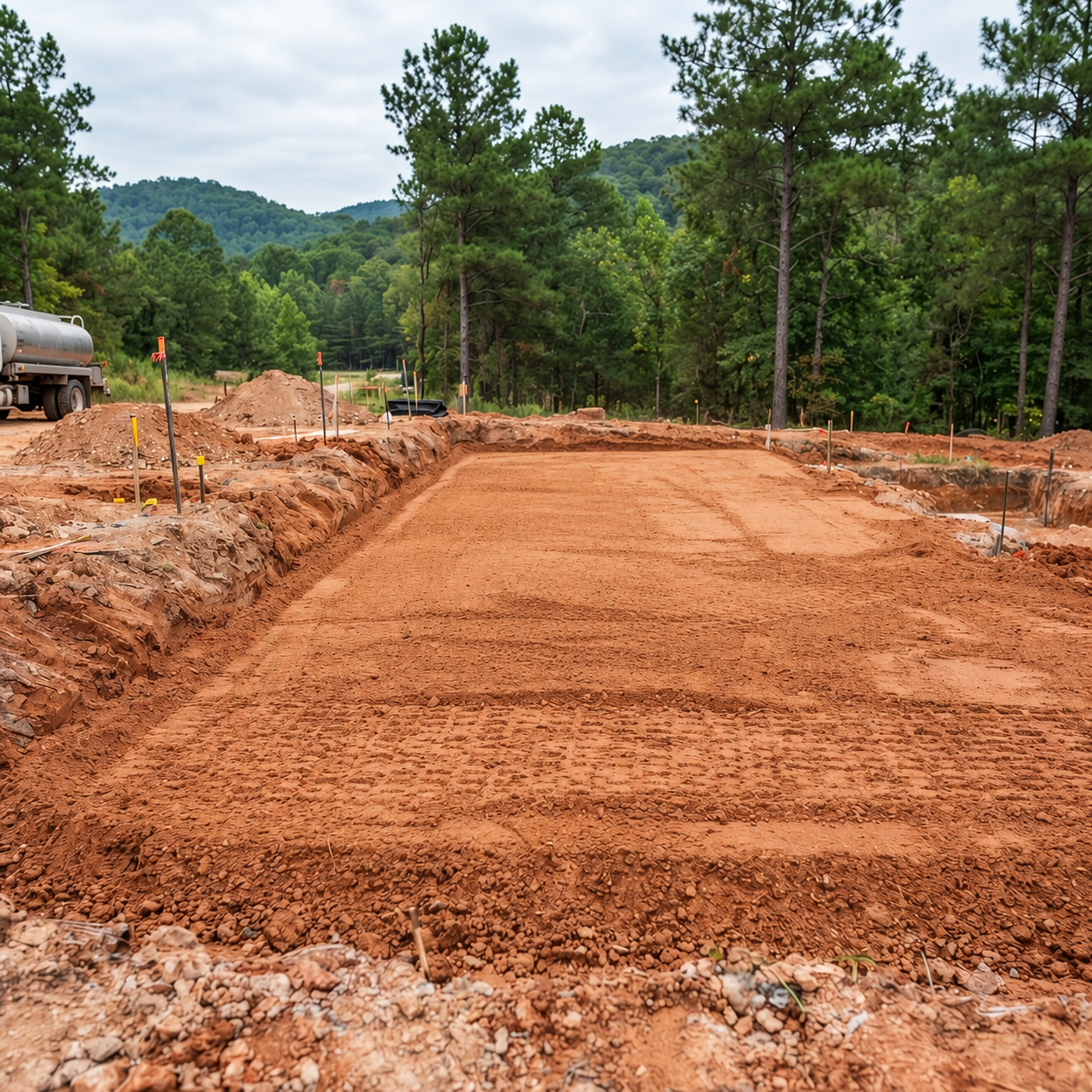 Red dirt road construction site with graded earth, pine trees, and a tanker truck in the background