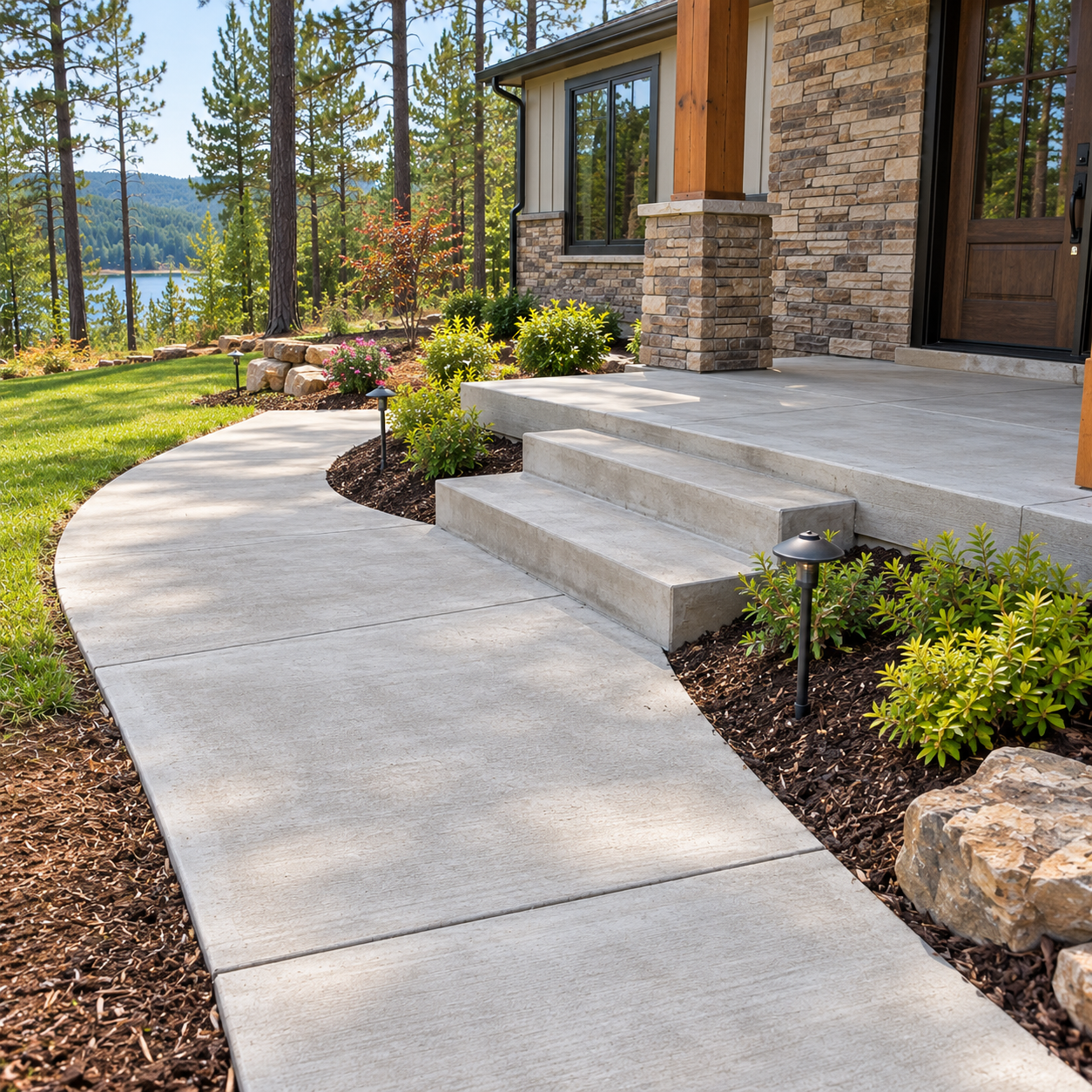 Curved concrete walkway leading to a stone porch with steps beside a landscaped home and lake view
