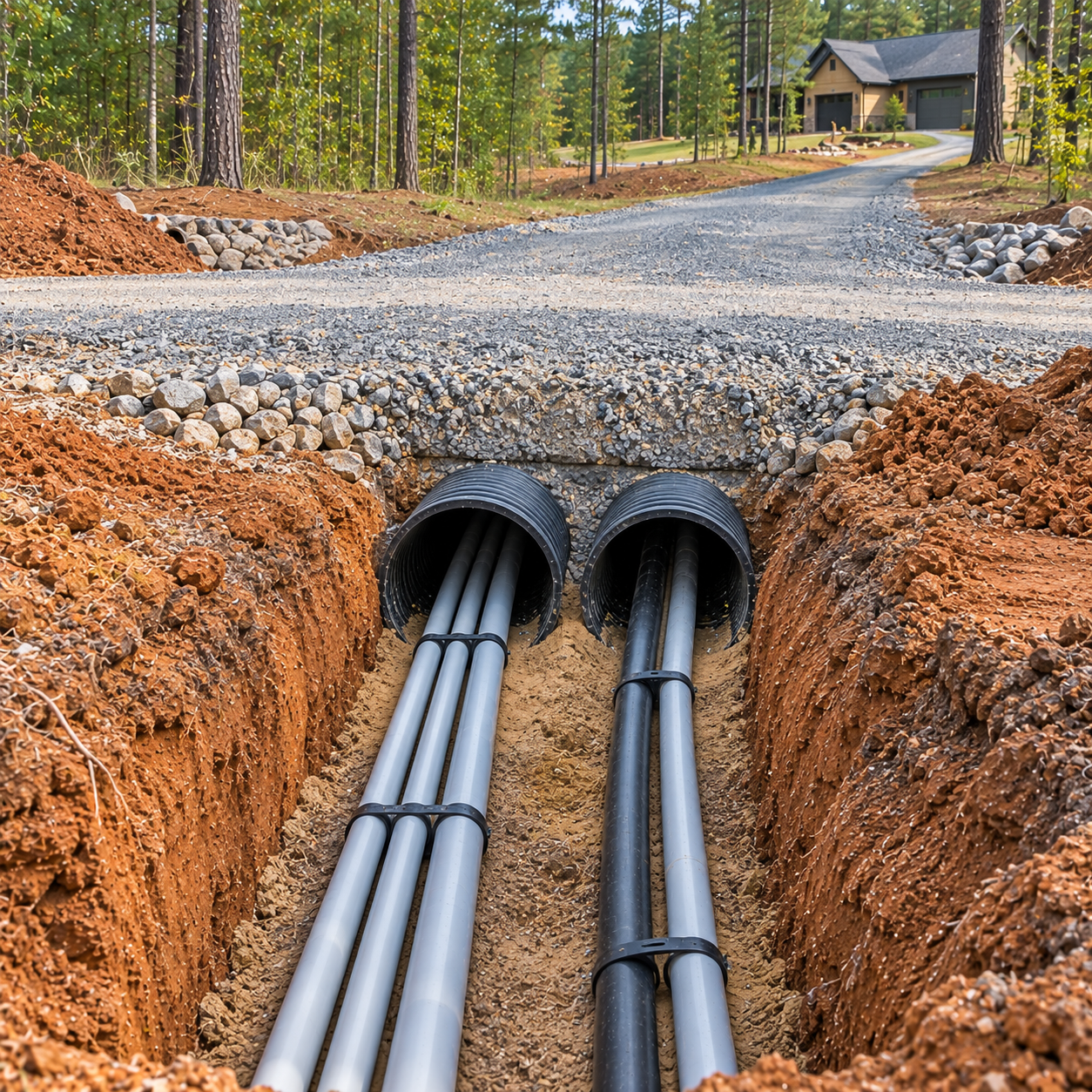 Road construction trench with exposed utility pipes running under a gravel driveway in a wooded area