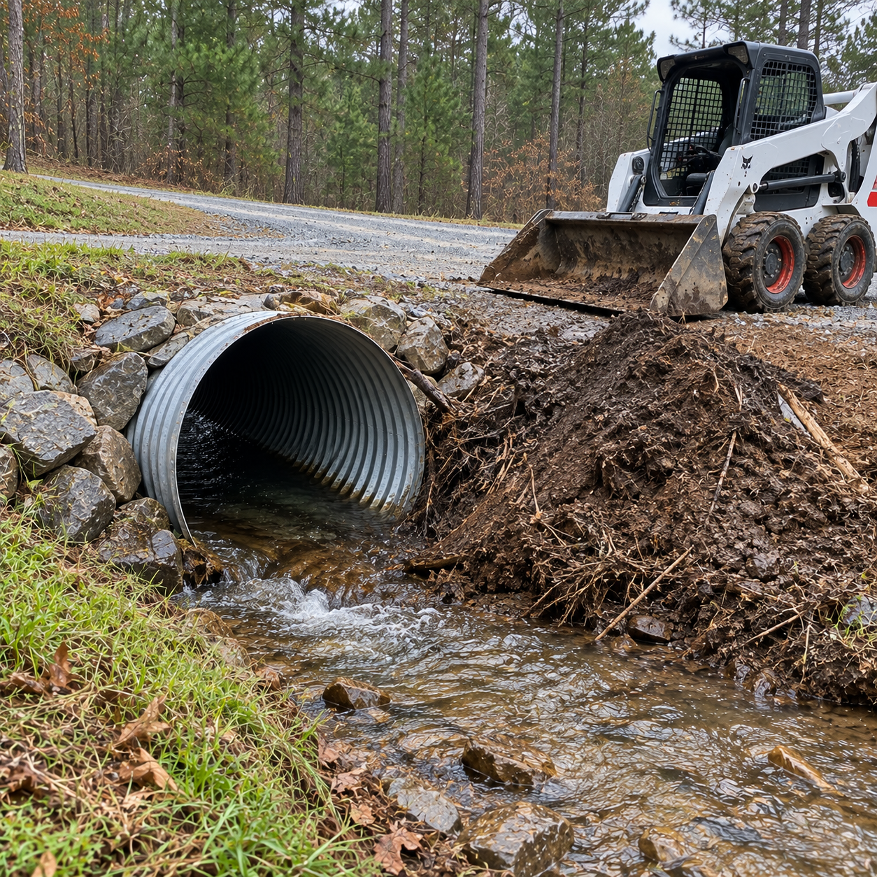 Skid steer moving dirt near a culvert draining water into a muddy ditch in a wooded area
