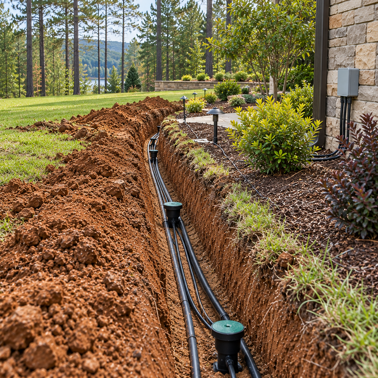 Trenched irrigation line with black pipes beside a house in a landscaped yard with trees and grass.