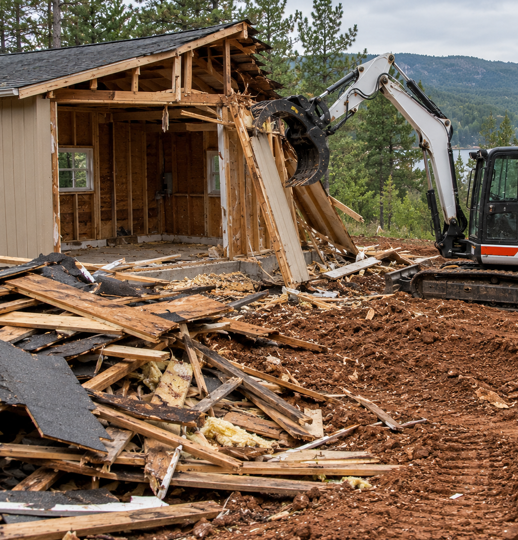 Excavator demolishing a wooden house, with debris scattered across the ground.