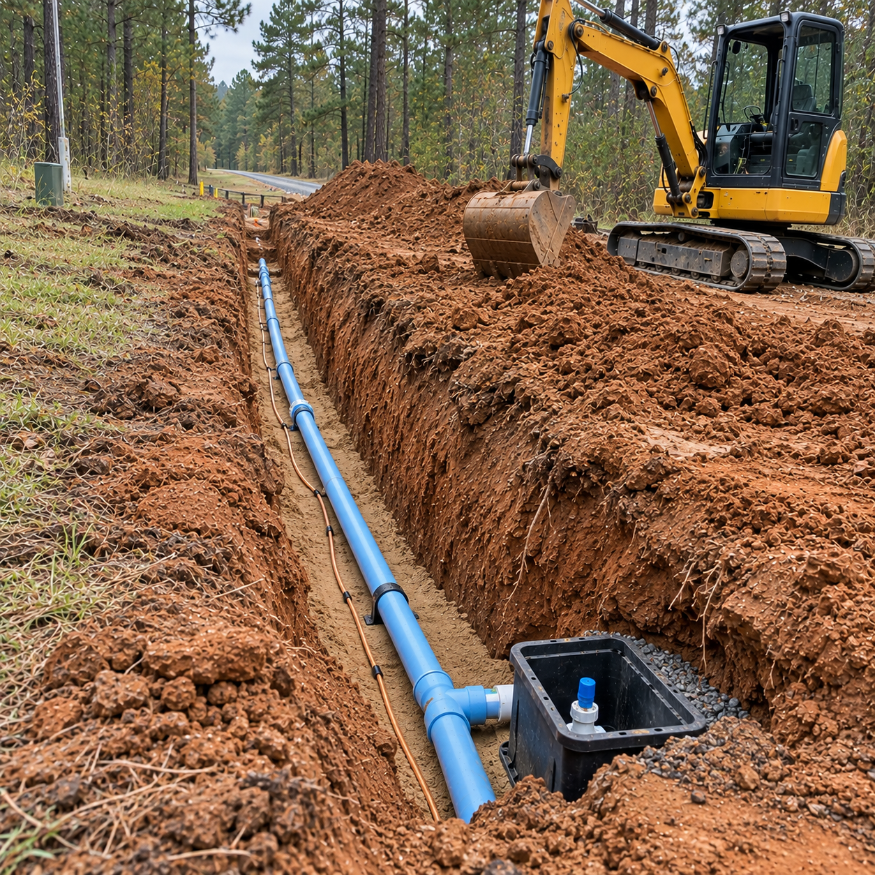 Excavator digging a trench beside a blue utility pipe in a wooded area