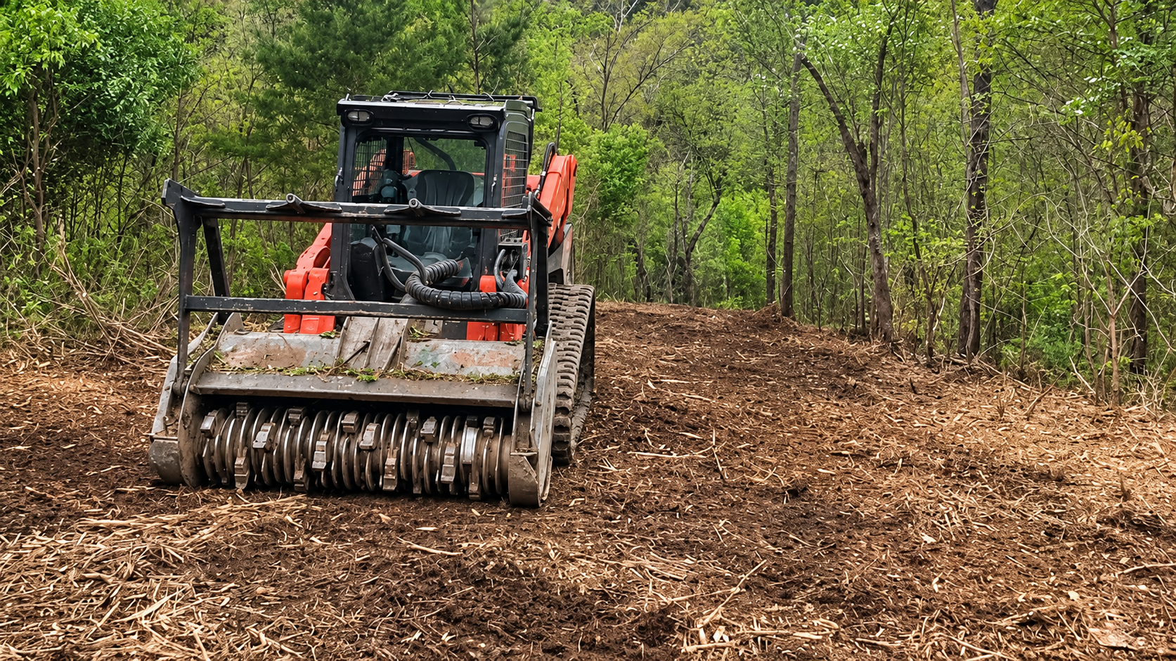 Tracked machine clearing brush on a wooded dirt path, with two workers in orange vests nearby