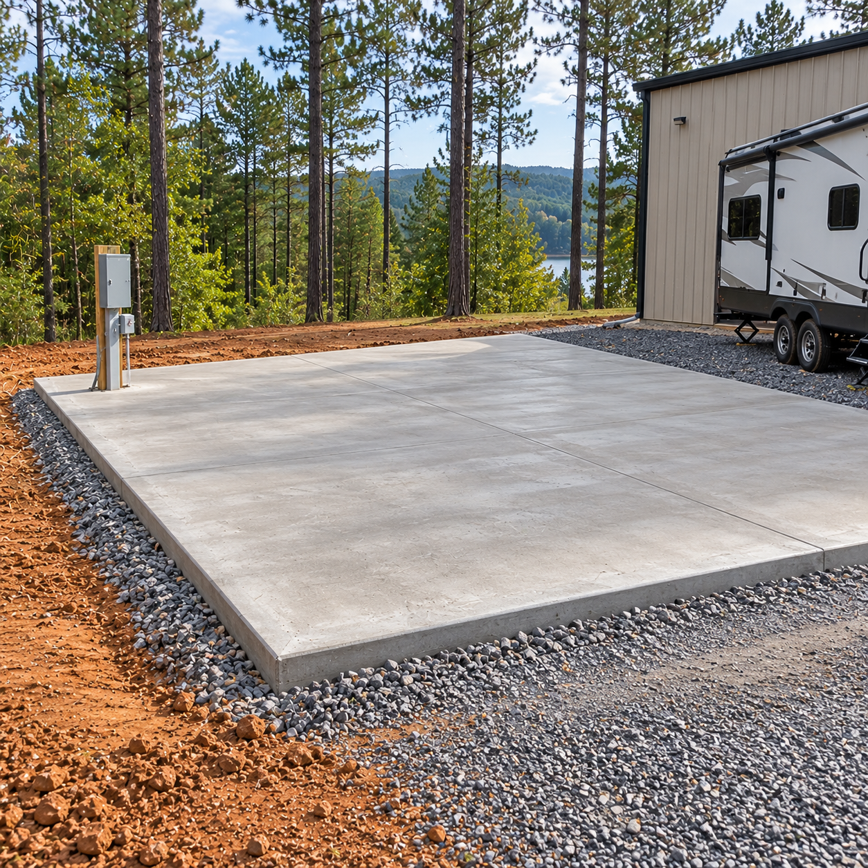 Empty concrete RV pad beside a building, bordered by gravel and pine trees