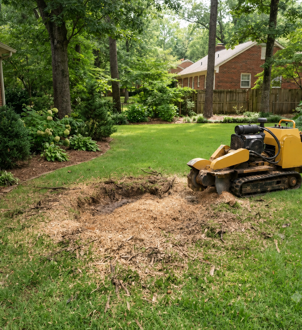 Yellow excavator clearing a patch of dirt in a green backyard near trees and a wooden shed