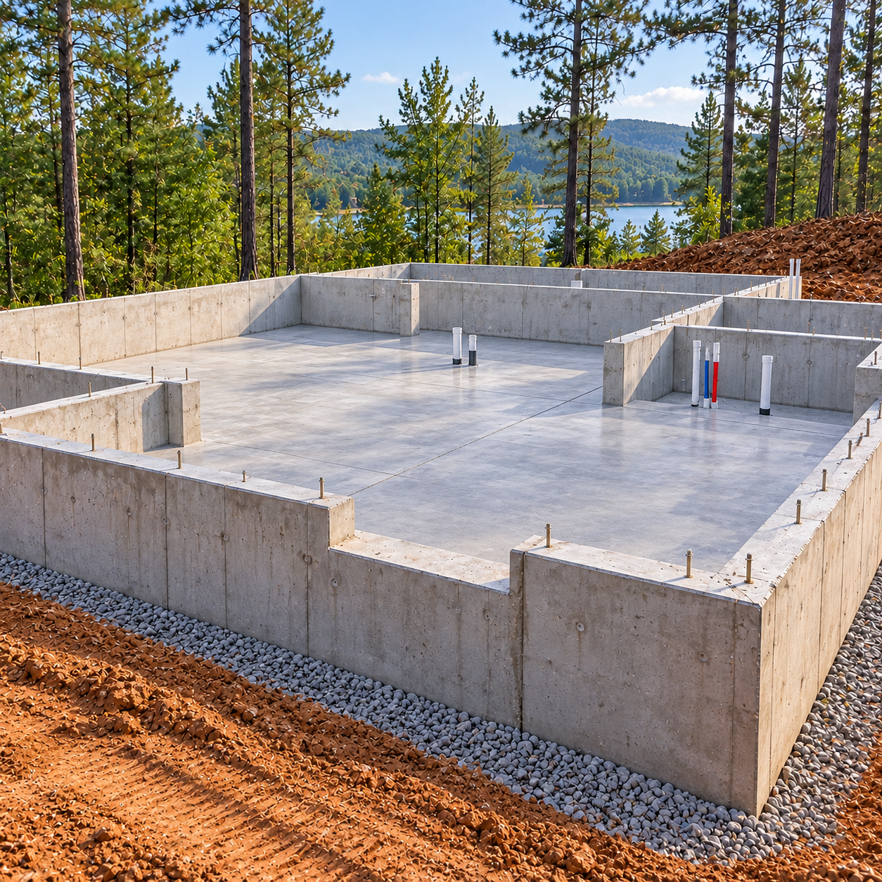 Concrete house foundation slab under construction on a wooded lot with mountains in the background