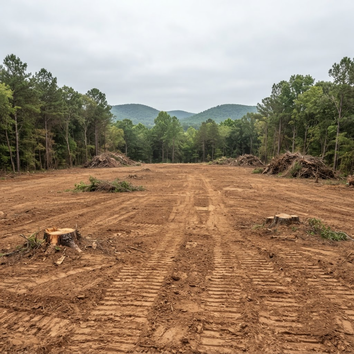 Cleared dirt road through pine forest, with tire tracks and cut stumps under cloudy skies