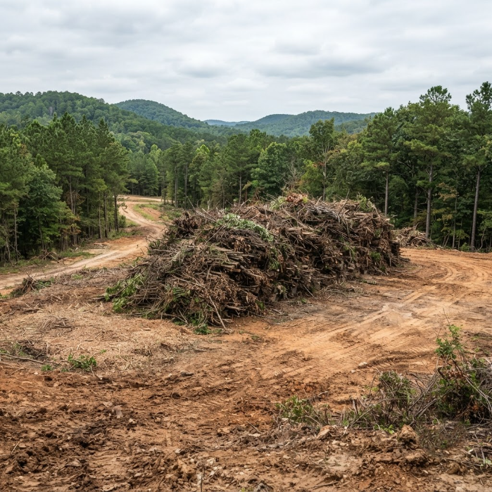 Dirt road beside a large brush pile in a forested, hilly landscape under cloudy skies