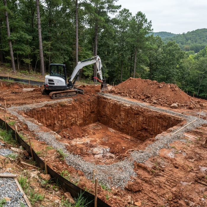 Excavator digging a large rectangular pit at a muddy wooded construction site with soil piles nearby