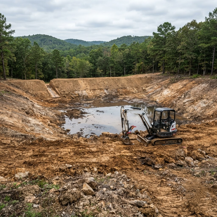 Excavator working in a muddy excavation pit surrounded by trees and hills