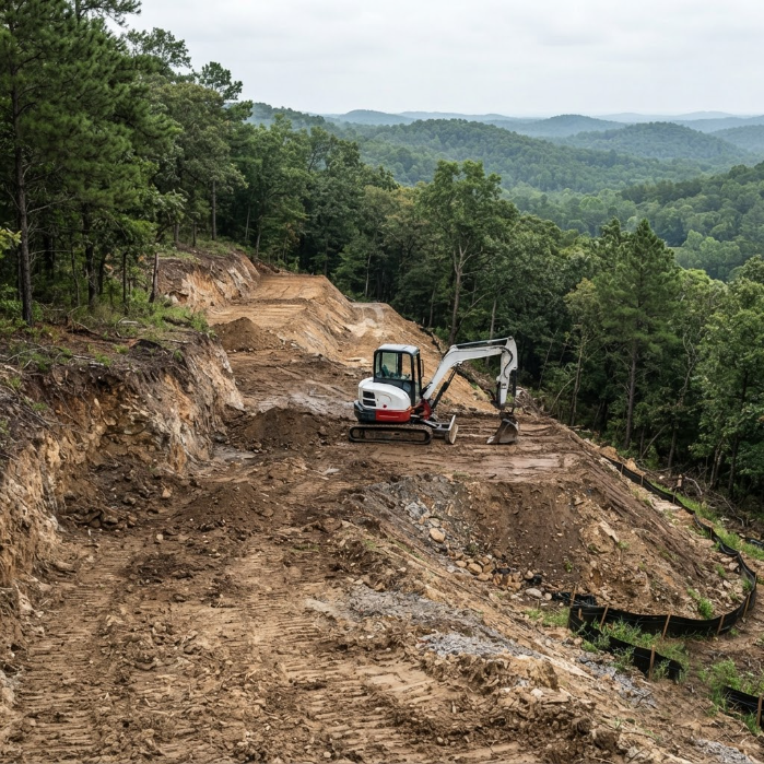 Excavator clearing a dirt road cut through a forested hillside with mountains in the background