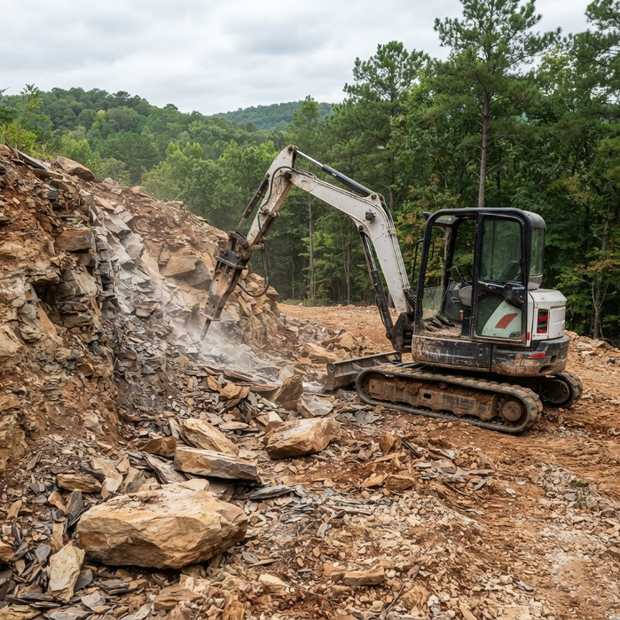 Excavator digging into a rocky hillside on a forested construction site