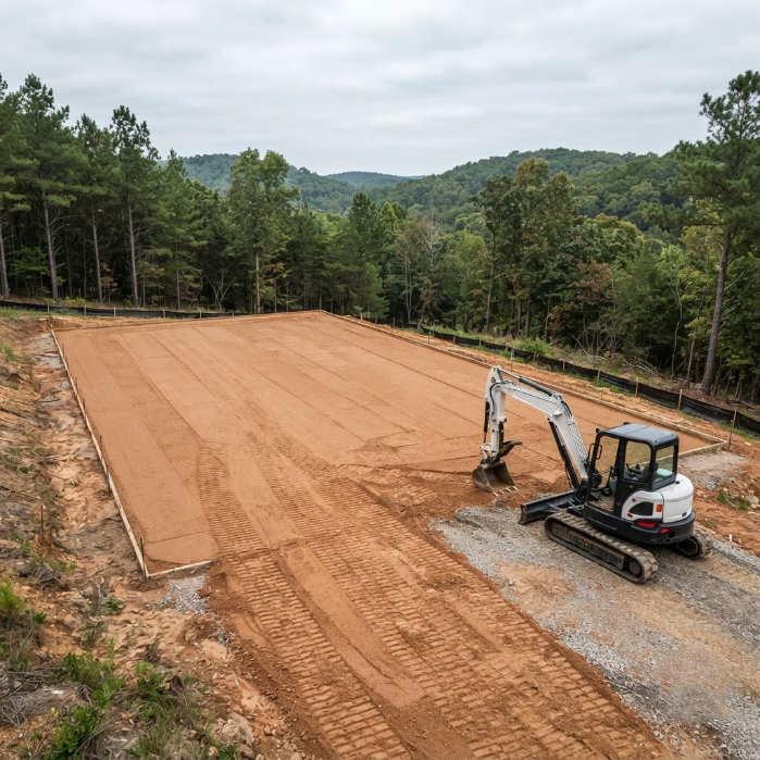 Excavator leveling a large dirt site beside a wooded hillside under cloudy skies